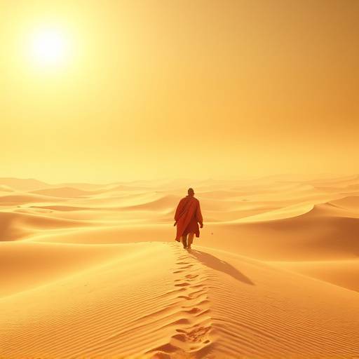 A breathtaking scene from the game Journey, featuring a player character in a flowing red scarf traversing vast, windswept desert dunes under a golden sun, embodying the game's minimalist emotional and visual design.
