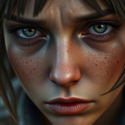 A close-up of a video game character's face, showing highly detailed skin textures, realistic eye reflections, and a subtle, poignant expression of sadness and resolve.