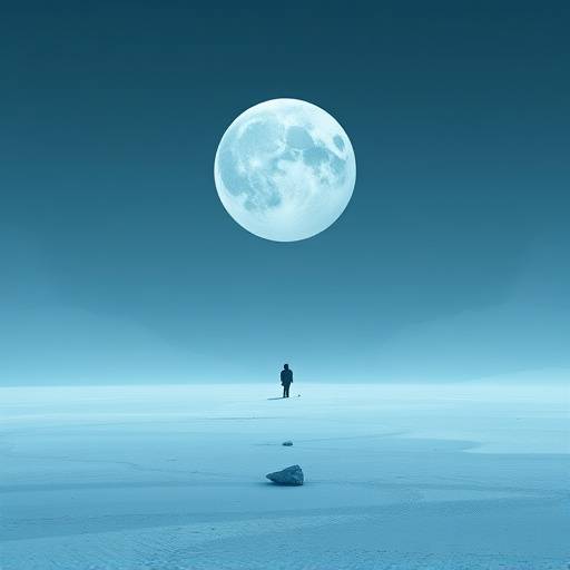 A concept art piece for a minimalist video game, featuring clean geometric shapes, a limited color palette of cool blues and whites against a dark background, with a solitary figure walking across an expansive, empty landscape.