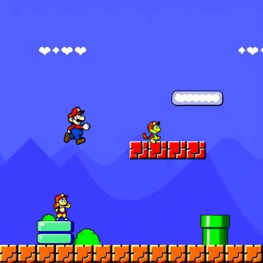 A vibrant screenshot from Super Mario Bros. on the NES, showcasing iconic blocky pixel art characters and environments with a limited but effective color palette.