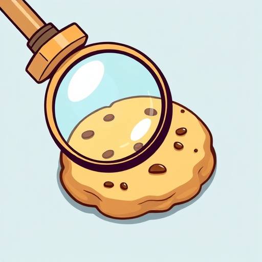 An artistic illustration of a stylized cookie with a magnifying glass examining it, symbolizing the process of understanding and managing website cookies.