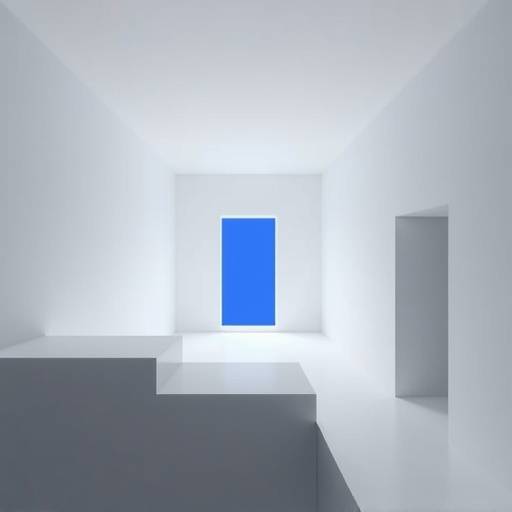 Screenshot from the game Antichamber, showcasing its Escher-like, non-Euclidean geometry with stark white walls, black accents, and a single blue portal, highlighting its abstract minimalist aesthetic.